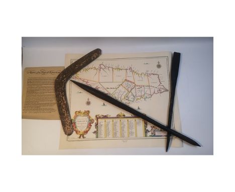 Vintage aboriginal boomerang, heavy spear [measuring 72cm] and arrow [53cm] together with a reproduction map of Jamaica