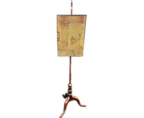 19th Century Mahogany pole screen with tapestry front, raised on a tripod base 