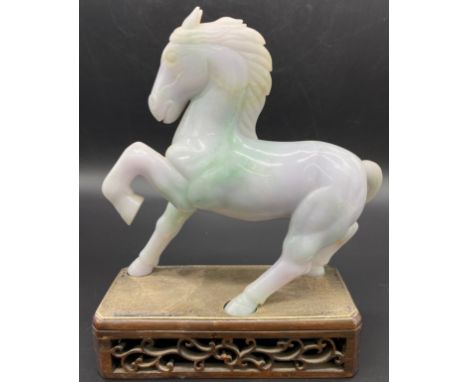 Antique pale Jade running horse on wooden and white metal display stand Presented to John Keswick July 1955 with signatures t