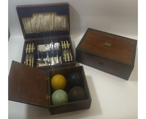Vintage Sloped Desk Box, with French Bowls and a Canteen of Cutlery 