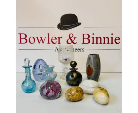 Mixed lot of glass and stone ware, to include paper weights (Caithness) blown glass, etched glass, onyx egg's and trinket dis