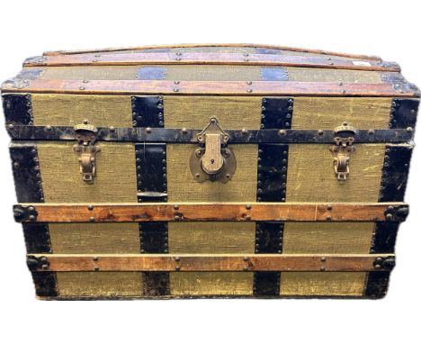 Antique wood &amp; metal bound Storage trunk. 