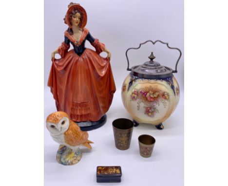 Lot of mixed collectables; Large 1900s lady figure, Carlton Ware biscuit barrel, Beswick owl figure, brass cups and a tortois