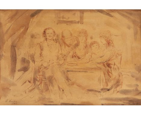 EUGENIO LUCAS VELAZQUEZ (Madrid, 1817-1870)"Goyesque scene", 1862.Ink and sanguine on laid paper.Signed and dated in the lowe