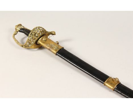 A GOOD NAVAL OFFICERS SWORD in a leather scabbard 3ft 1ins long.