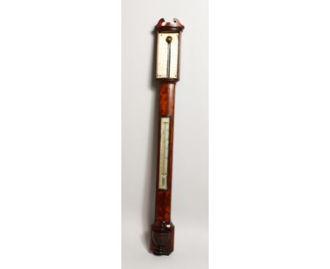 A GOOD 19TH CENTURY MAHOGANY BOW-FRONTED STICK BAROMETER AND THERMOMETER by JOHN WISKER, YORK. 3ft 3ins high.