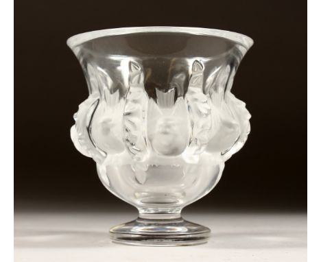 A LALIQUE GLASS VASE with a band of birds, engraved Lalique, France 5ins high.