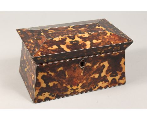 A FAUX TORTOISESHELL TWO DIVISION SARCOPHAGUS SHAPED TEA CADDY 9ins wide
