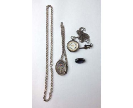 A 935 silver fob watch on guard chain, together with a silver locket with floral decoration, a silver amethyst brooch and a s