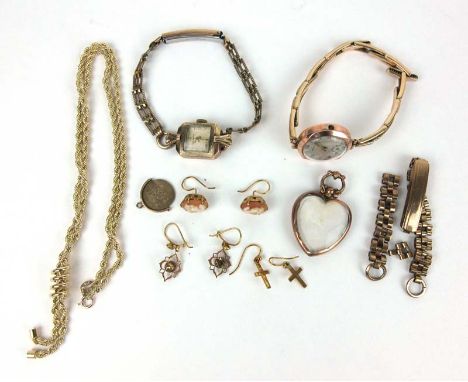 An assortment of 9ct gold and yellow metal items to include ladies watches, earrings, necklace etc. Approx weight 49.7g 