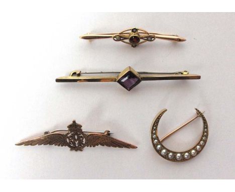 A Victorian yellow metal seed pearl crescent brooch together with a 15ct gold Art Nouveau garnet and seed pearl brooch, a 9ct