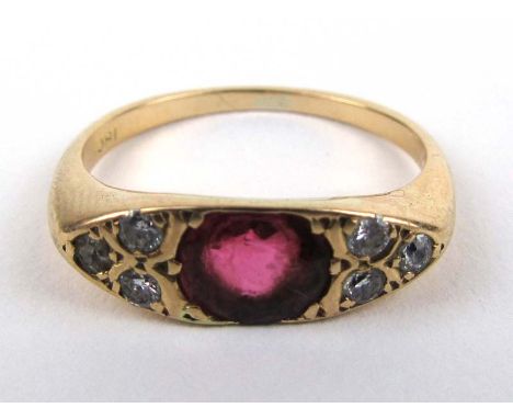 A late Victorian 18ct yellow gold ruby and diamond ring. Approx weight 4g  CONDITION REPORT: Four diamonds possibly replaceme