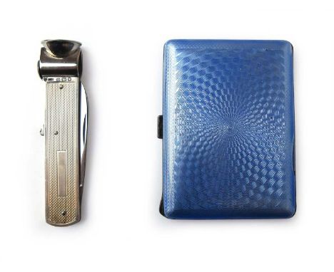 An Elizabeth II combined silver cigar cutter and pen knife together with a guilloche enamel cigarette case. Various hallmarks