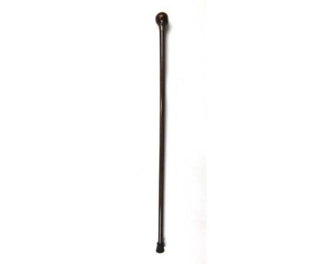 An early 20th century coromandel walking stick with pool ball style handle and silver collar. Hallmarked for London, 1923. l.