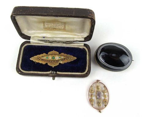 A 9ct gold Victorian pearl and turquoise brooch together with a yellow metal pendant and a base metal agate cabochon brooch 