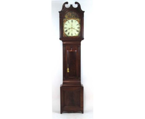 A 19th century mahogany longcase clock, the swan neck pediment over the enameled face with Roman numerals, date and second di