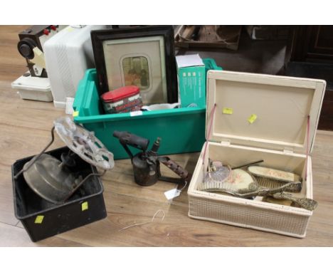 Blow torch, camping stove, large button telephone, box containing dressing table set etc