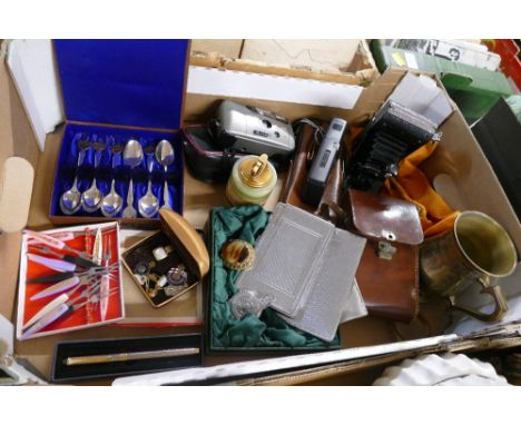 Box of cutlery, pen, pin badges, folding camera, disposable cameras, card cases etc