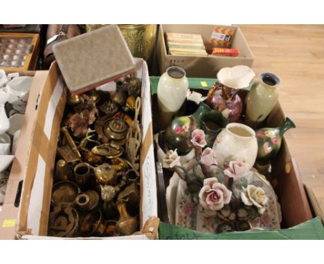 Two boxes of brassware, vases, jugs, decorative plates, enamel pill boxes etc  