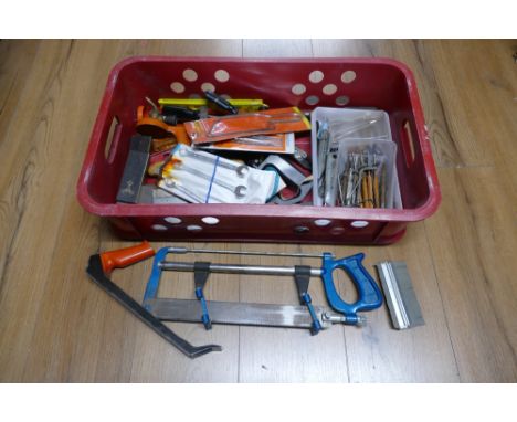 Box of tools, saws, punches, pliers etc 