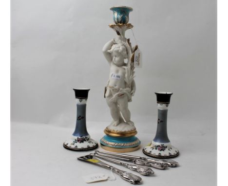 Continental cherub candlestick, pair of Staffordshire candlesticks and silver handled button hooks, shoehorn 