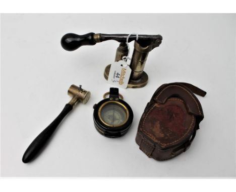 Vintage brass decapper, James Dixon & Sons powder measure and F. Barker & Sons 1918 compass with leather case