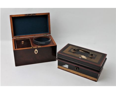 Wooden tea caddy and metal cash tin