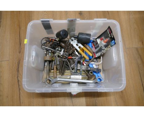 Box of tools - drill bits, putty knives, drill base etc