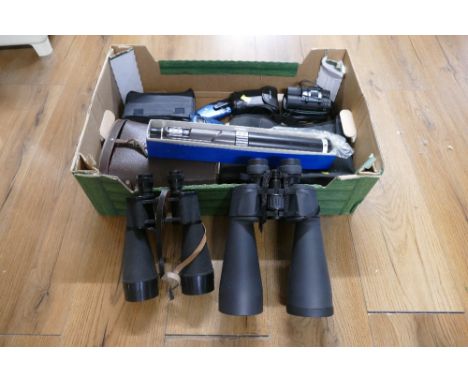 Box of binoculars by Telstar and Praktica, Solus telescope, Silvercrest radio etc