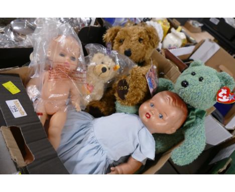 Composition doll, Rosebud doll, miniature Steiff Charlie Bear, Ty Beanie Buddy etc