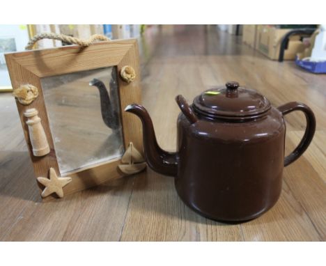 Large enamel teapot and wooden boat themed mirror