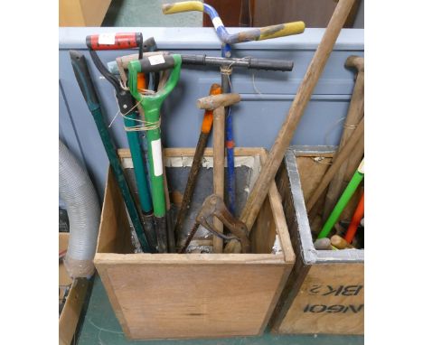 Garden tools, spades etc (tea chest not included)