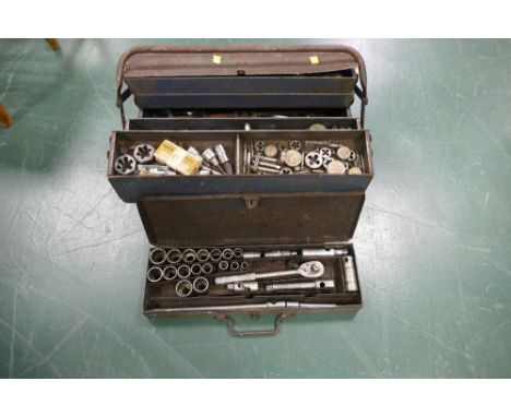 Vintage cantilever toolbox with small quantity of hand tools