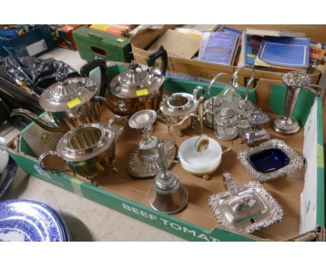 Box of plated ware - coffee and teapots, condiment sets, candlestick etc