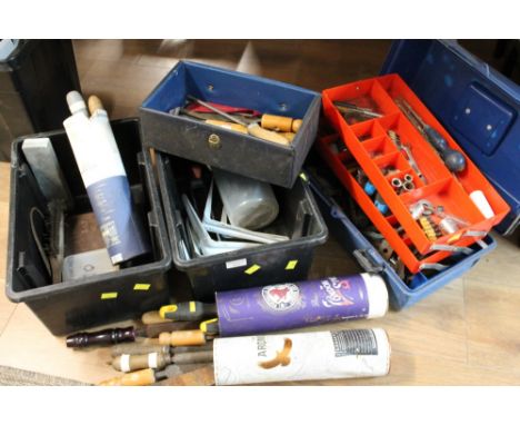 Two boxes of tools, including sockets, wood files, shelf brackets etc