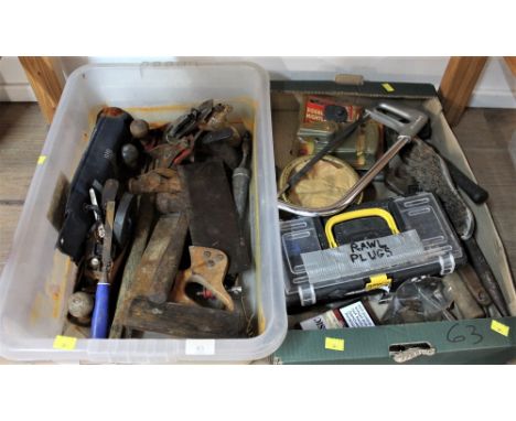 Two boxes of tools, saws, hammers, wood planes etc 