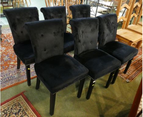 Six short pile velvet type material button back studded black dining chairs (as new)