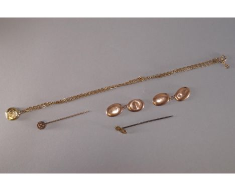 A collection of jewellery to include: A pair of hallmarked 9ct gold oval chain link cufflinks; Two stick pins; A gold plated 