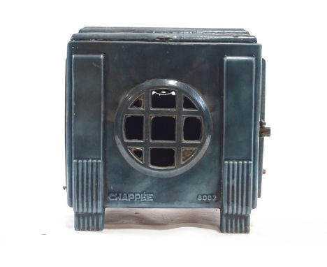 A blue enamel stove, with hinged pierced top, the front panel with pierced circular vent, 52cm high x 53cm wide