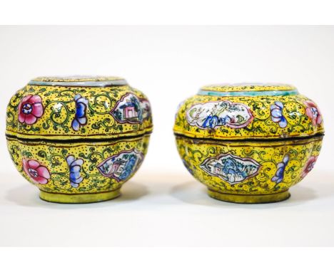 A pair of Canton enamel lobed circular yellow ground boxes and covers, decorated with figures, scrolls and flowers, 6.2cm wid