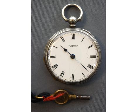 An L .Liomin open face pocket watch. The enamel dial (cracked) with roman numerals. Key wound movement with key. Case referen