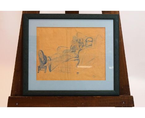 H B Irving, Portrait of Laurence Irving reclining in an armchair and reading a book, coloured chalk, signed with initials low