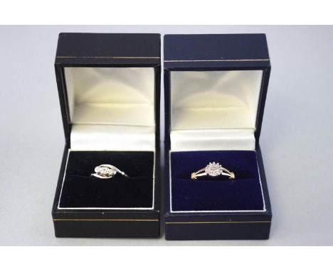 A collection of two 9ct gold (Stamped/hallmarked) diamond set dress rings. Sizes K & N. Gross weight: 3.9 grams
