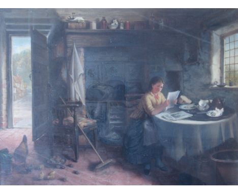 JAMES K. MAKIN (XIX): An oil on canvas of a cottage interior scene with young woman at the breakfrast table. Faint signature 