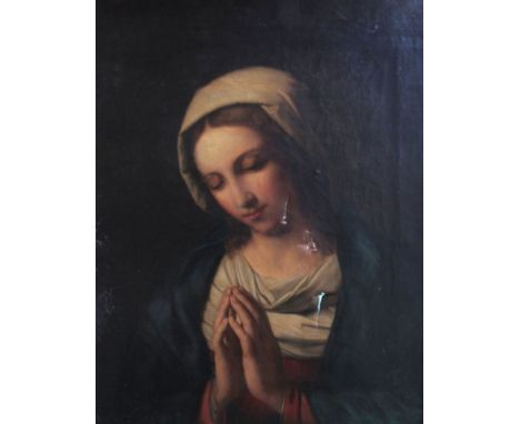 An 18th Century Renaissance style oil on canvas portrait of a woman at prayer, wearing a white hood and blue robe over a redd