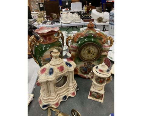 A VINTAGE MATCHING CLOCK AND VASE WITH IN GREEN WITH PAINTED FRONT, A ROYAL VIENNA LIDDED URN AND A CLOCK CASE 