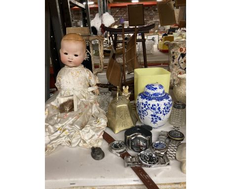 A VINTAGE POT DOLL TOGETHER WITH OTHER ITEMS TO INCLUDE WATCHES, ORIENTAL GINGER JAR, WOODEN BOAT, BEER STEIN, BRASS BELL ETC