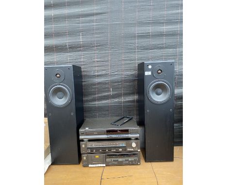 A TECHNICS STEREO SYSTEM TO INCLUDE CD PLAYER, STEREO RECEIVER, CASSETTE DECK AND TWO SPEAKERS 