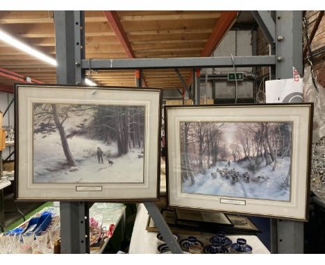 TWO FRAMED PRINTS BY JOSEPH FARQUHARSON TITLED 'EVENING GLOW' AND 'TO WINTERS QUARTERS' 