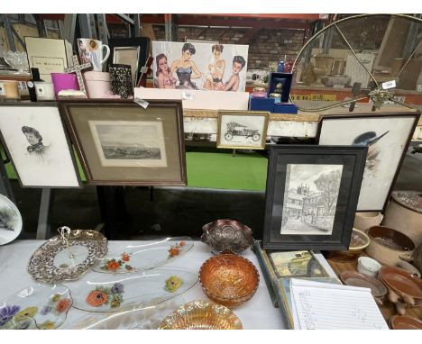 FIVE FRAMED PRINTS TO INCLUDE CHURCH LANE, HAWORTH, VINTAGE STOCKPORT, TWO LADY PRINTS AND A CAR 